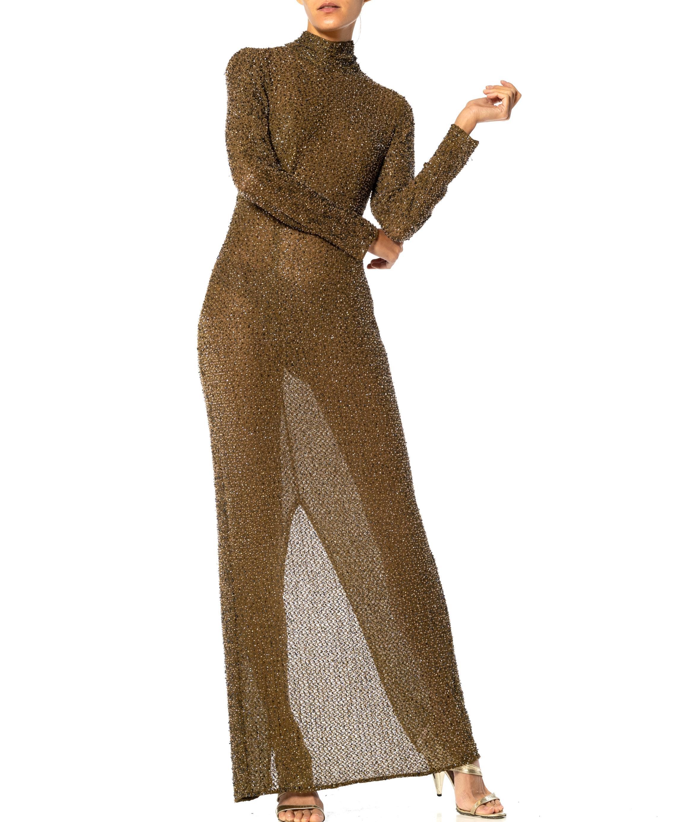 Women's 1990S Olive Green Rayon & Elastane Mesh Stretch Long Sleeve Beaded Gown For Sale