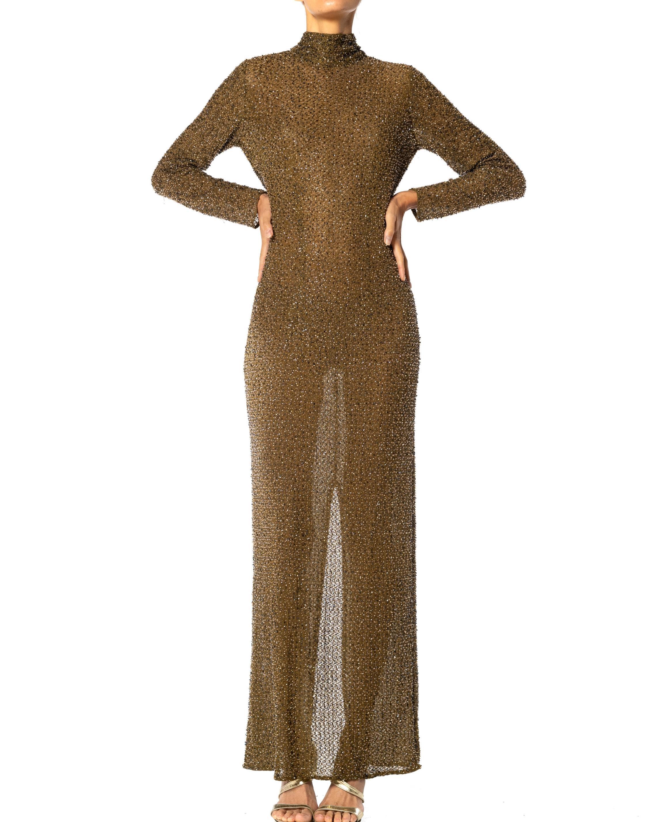 1990S Olive Green Rayon & Elastane Mesh Stretch Long Sleeve Beaded Gown For Sale 1