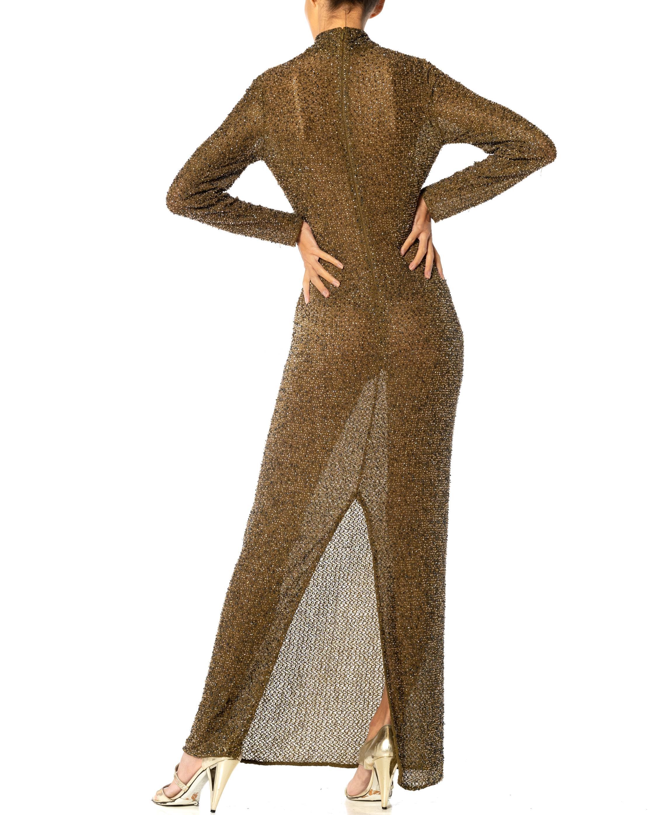 1990S Olive Green Rayon & Elastane Mesh Stretch Long Sleeve Beaded Gown For Sale 4