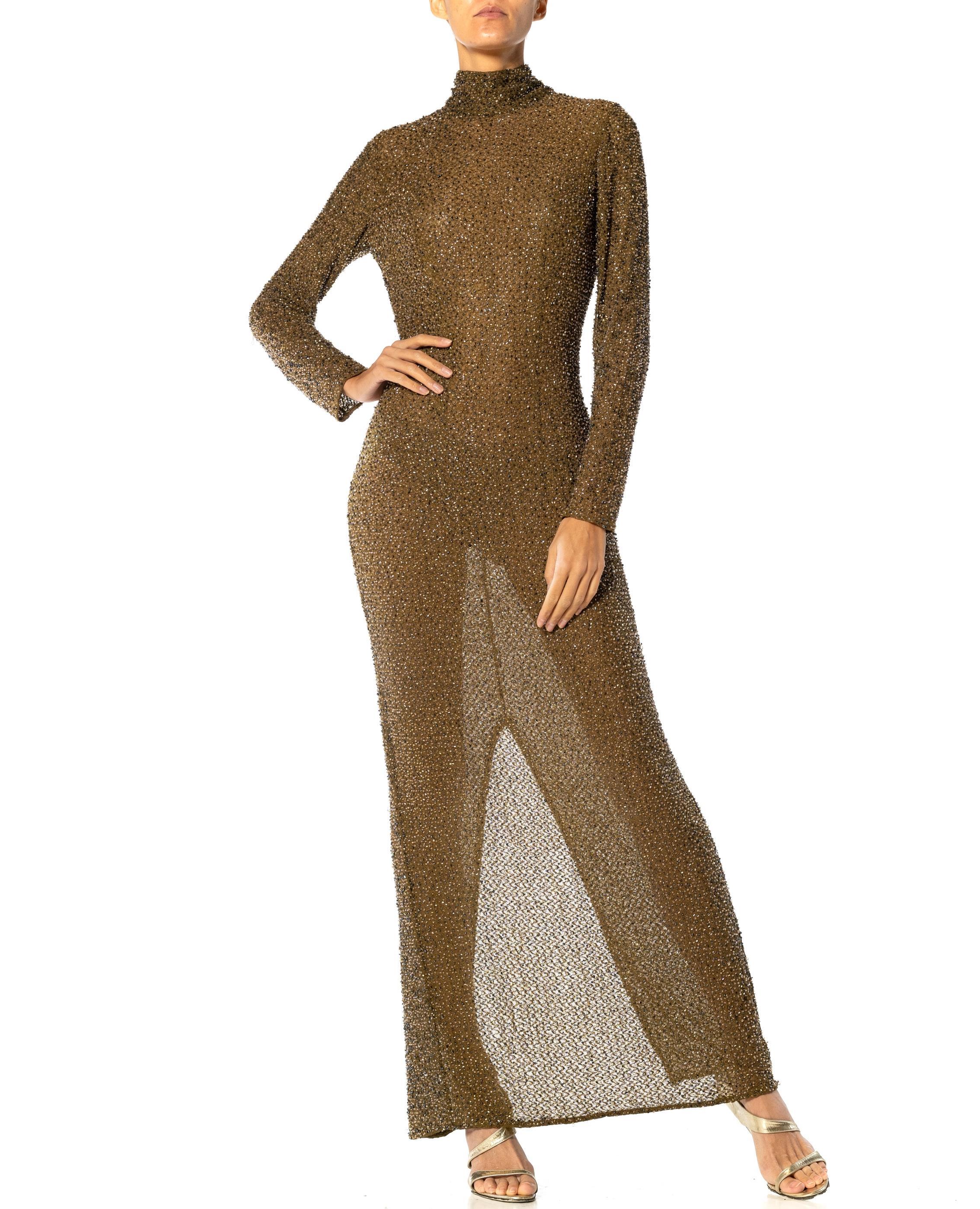 1990S Olive Green Rayon & Elastane Mesh Stretch Long Sleeve Beaded Gown For Sale 5