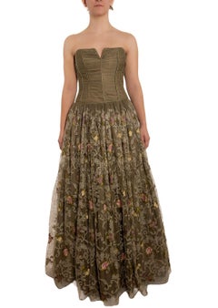 1990S Olive Green Strapless Silk Chiffon Ball Gown With Pink Embroidered Flowers