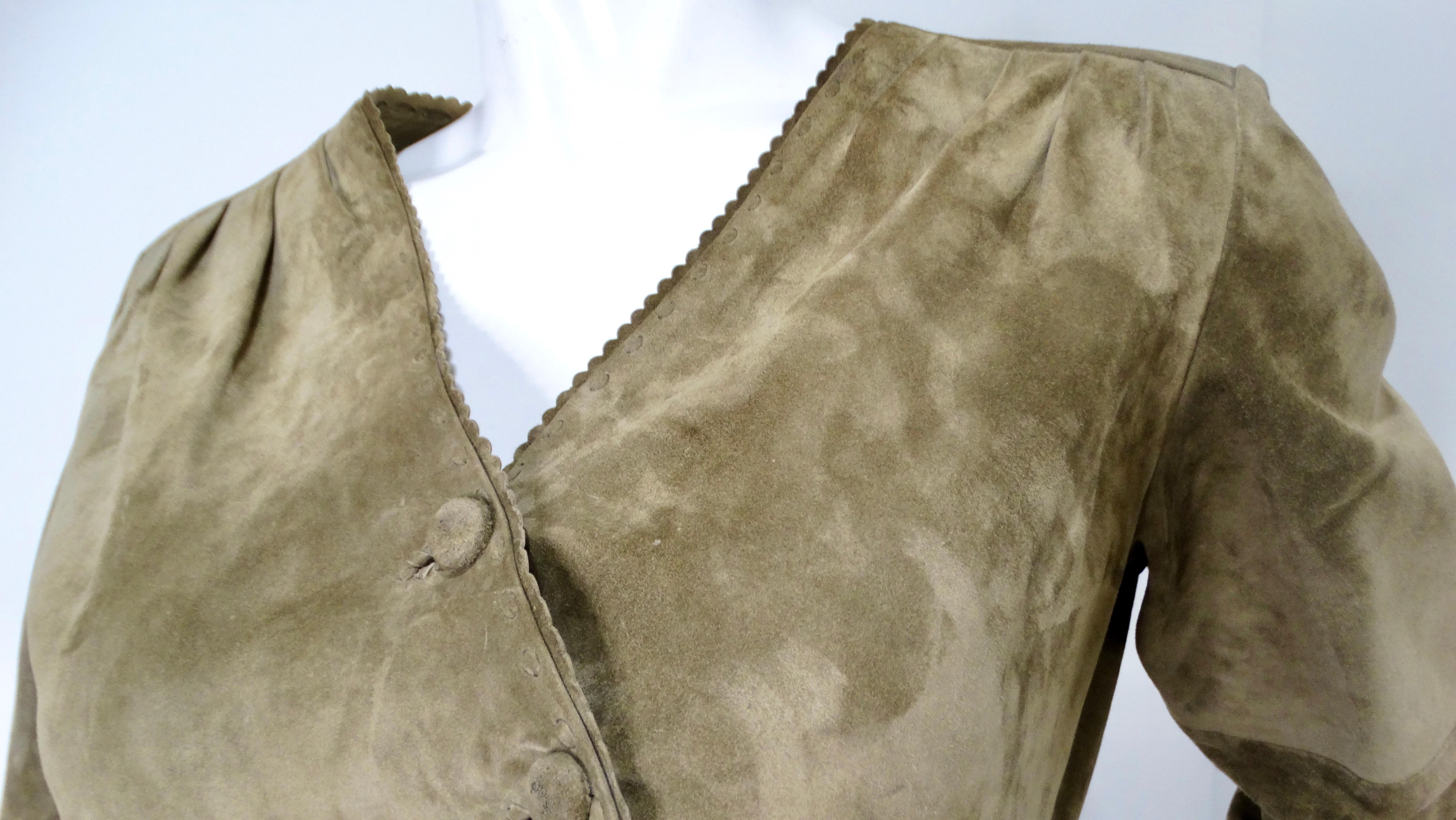 Brown 1990s Olive Green Suede Wrap Jacket For Sale