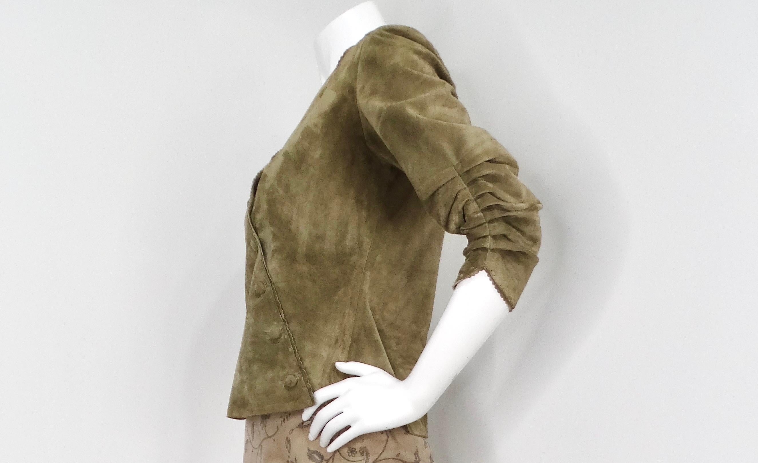 Women's 1990s Olive Green Suede Wrap Jacket For Sale
