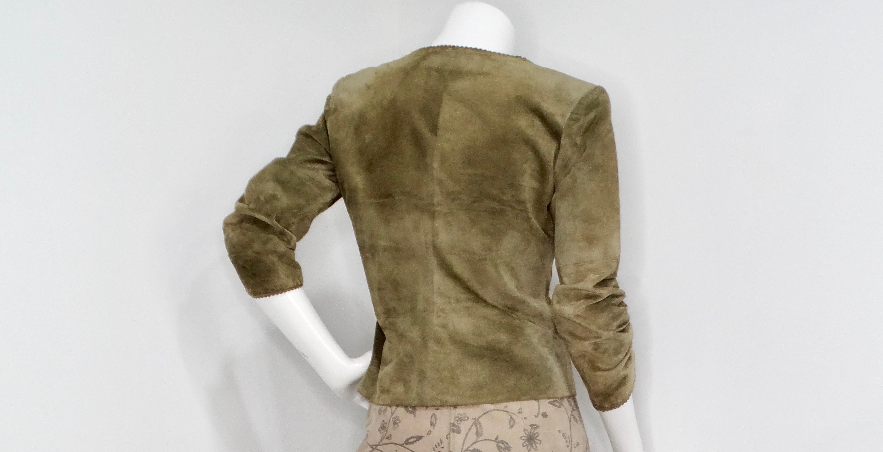 1990s Olive Green Suede Wrap Jacket For Sale 1