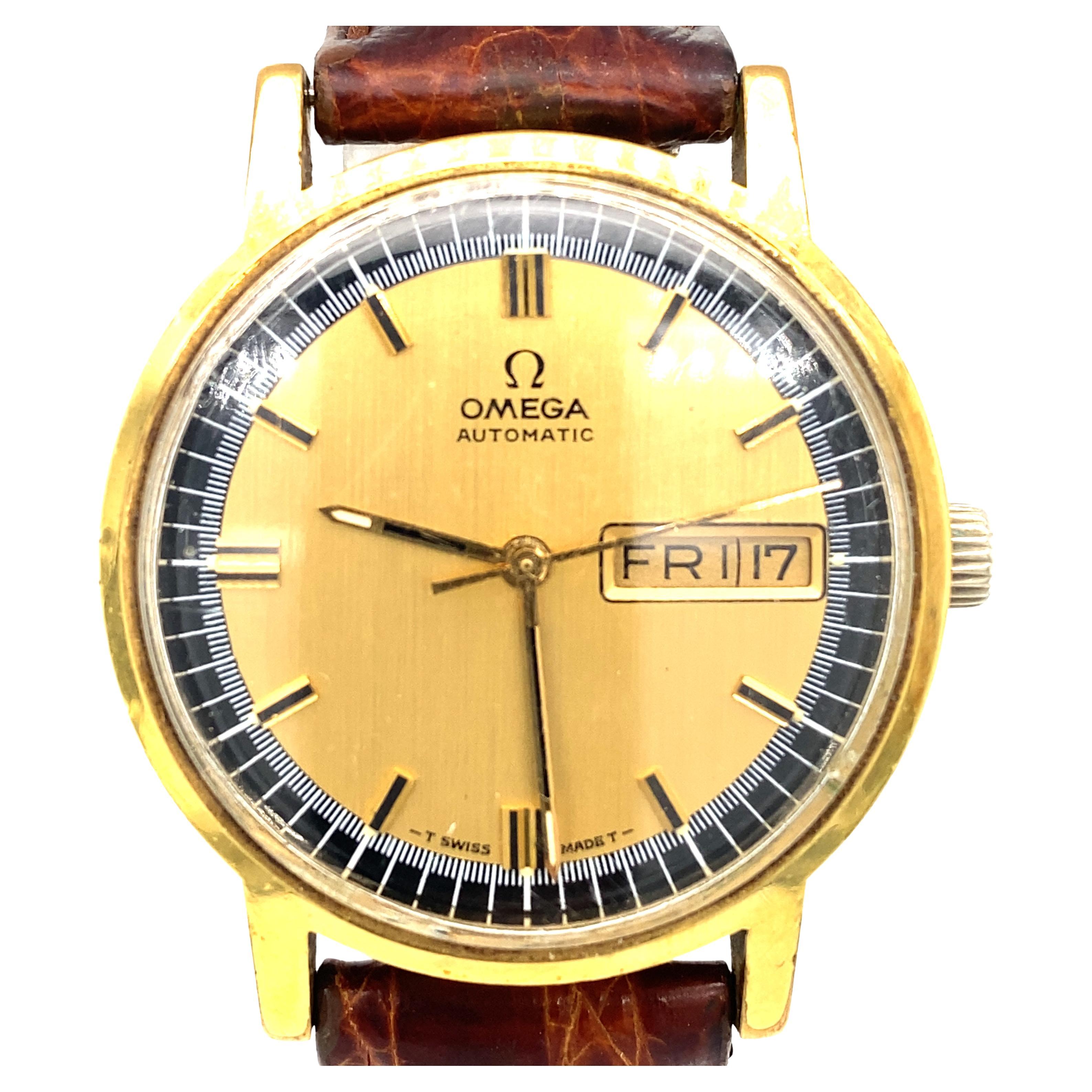 1990s Omega Wrist Watch with Date Function and Gold Tone Case For Sale