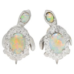 1990's Opal Diamond 18 Karat White Gold Vintage Turtle Earrings