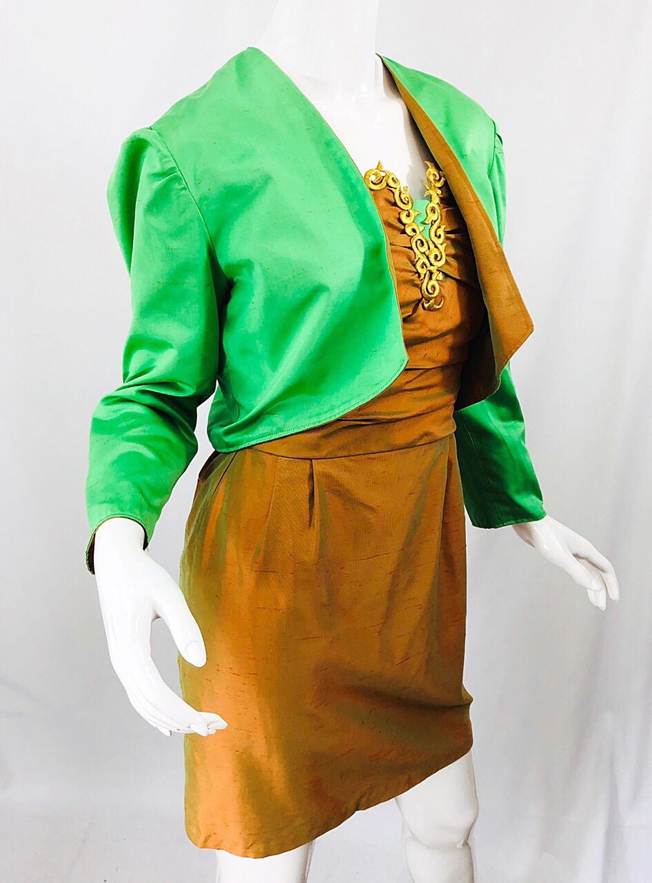 1990s Orange + Green + Gold Silk Shantung Vintage 90s Strapless Dress + Bolero For Sale 2