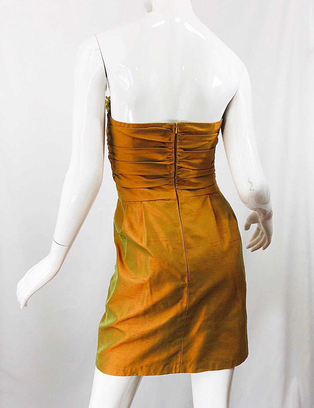 1990s Orange + Green + Gold Silk Shantung Vintage 90s Strapless Dress + Bolero For Sale 3