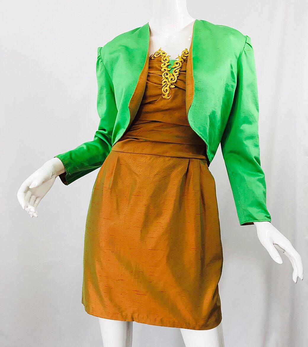 1990s Orange + Green + Gold Silk Shantung Vintage 90s Strapless Dress + Bolero For Sale 4