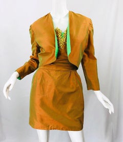1990s Orange + Green + Gold Silk Shantung Vintage 90s Strapless Dress + Bolero