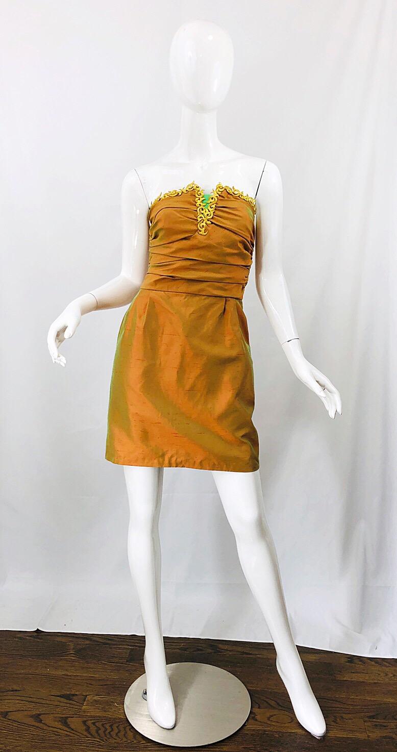 Marron Robe sans bretelles et boléro Shantung vintage en soie orange, vert et or (années 1990) en vente