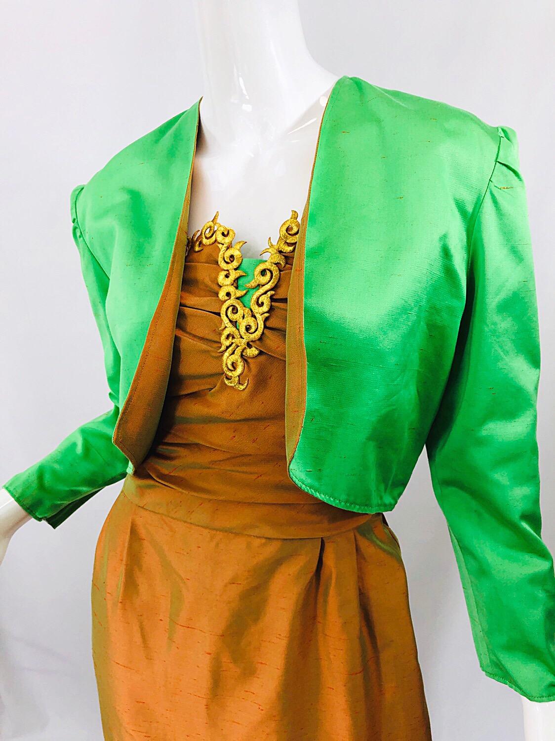 Robe sans bretelles et boléro Shantung vintage en soie orange, vert et or (années 1990) Pour femmes en vente