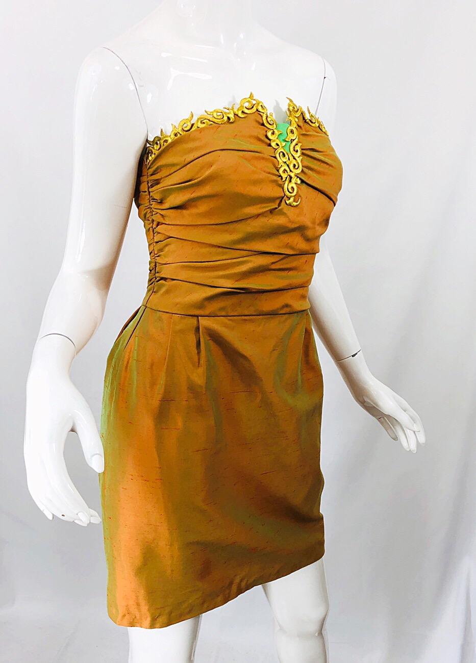 Brown 1990s Orange + Green + Gold Silk Shantung Vintage 90s Strapless Dress + Bolero For Sale