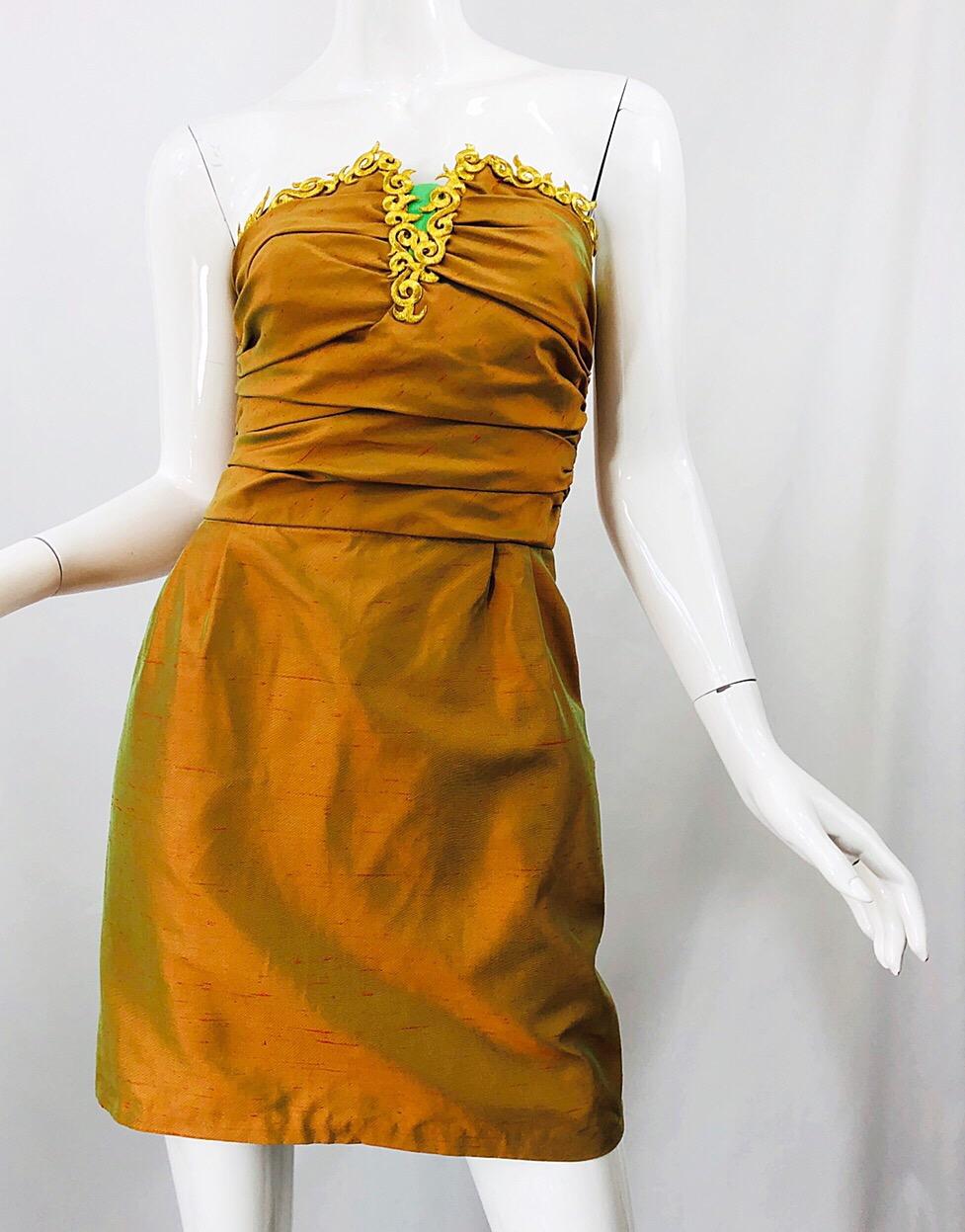 1990s Orange + Green + Gold Silk Shantung Vintage 90s Strapless Dress + Bolero In Excellent Condition For Sale In San Diego, CA