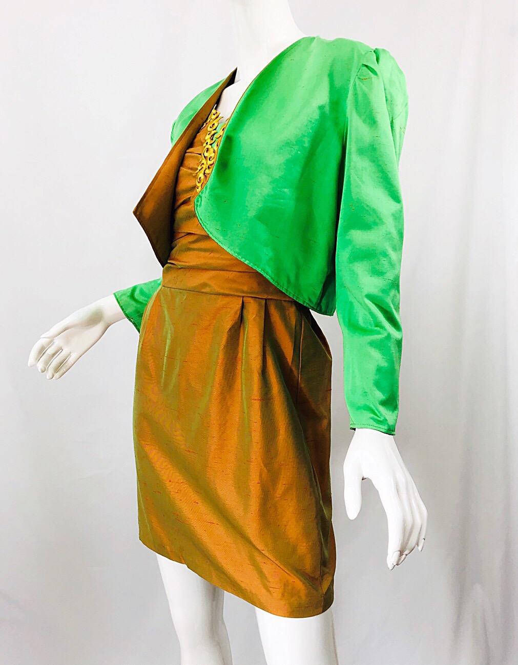 Women's 1990s Orange + Green + Gold Silk Shantung Vintage 90s Strapless Dress + Bolero For Sale