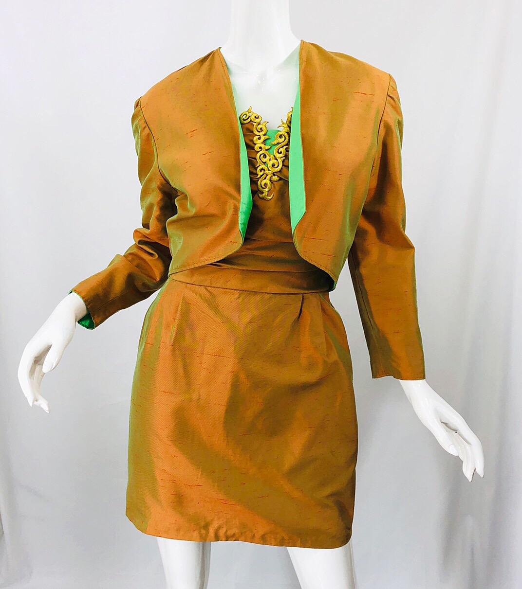 1990s Orange + Green + Gold Silk Shantung Vintage 90s Strapless Dress + Bolero For Sale 1