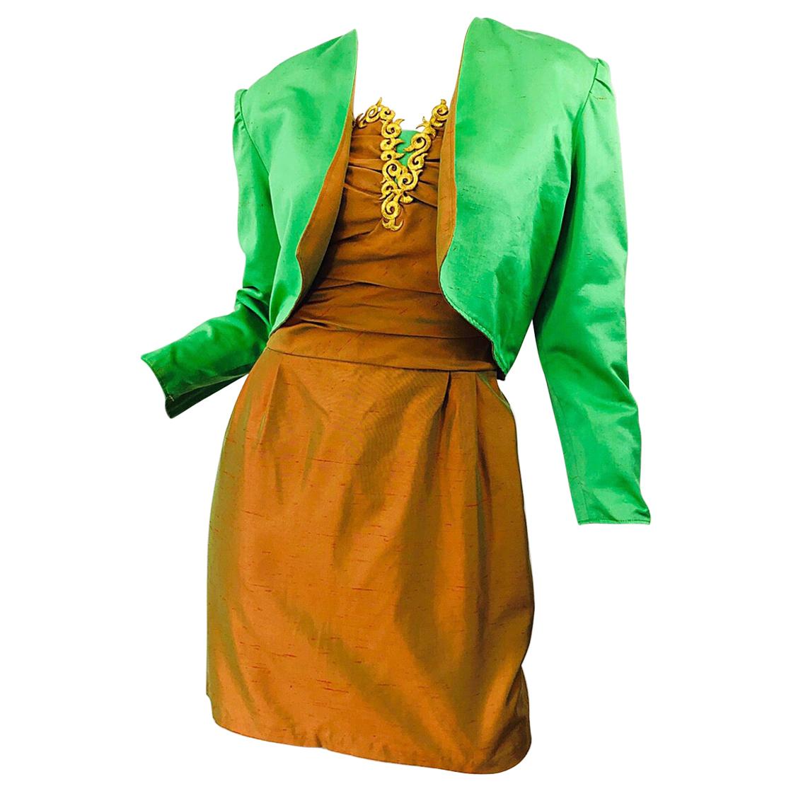 1990s Orange + Green + Gold Silk Shantung Vintage 90s Strapless Dress + Bolero