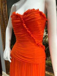 1990s Orange Neon Silk Mesh Lined in Silk Ruffle Gown