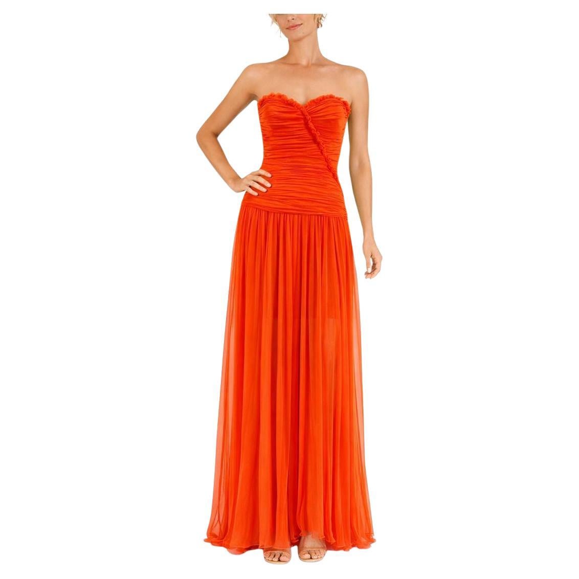 1990 Orange Neon Silk Mesh Lined in Silk Ruffle Gown (Robe à volants en soie) en vente