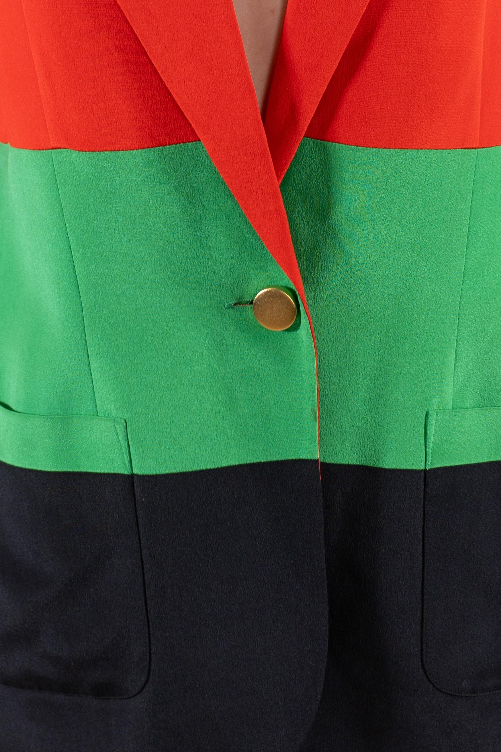1990S Orange, Red, Green & Black Silk Faille Color Blocked Boxy Blazer For Sale 7