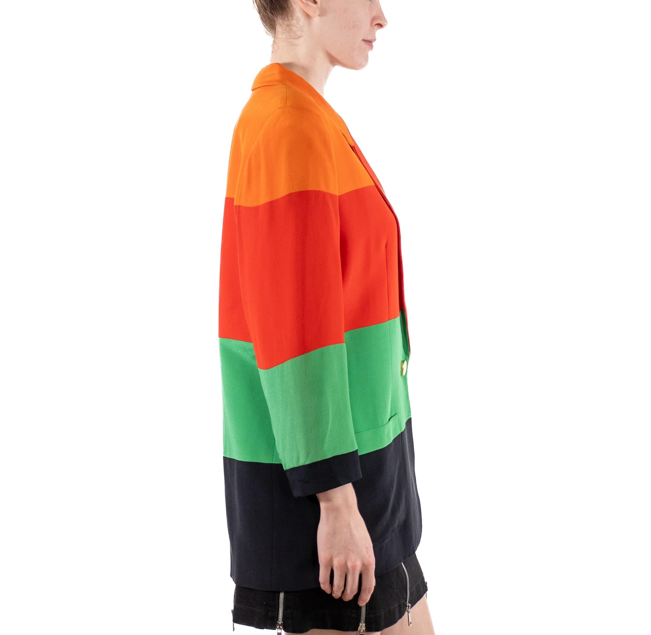1990S Orange, Red, Green & Black Silk Faille Color Blocked Boxy Blazer For Sale 1