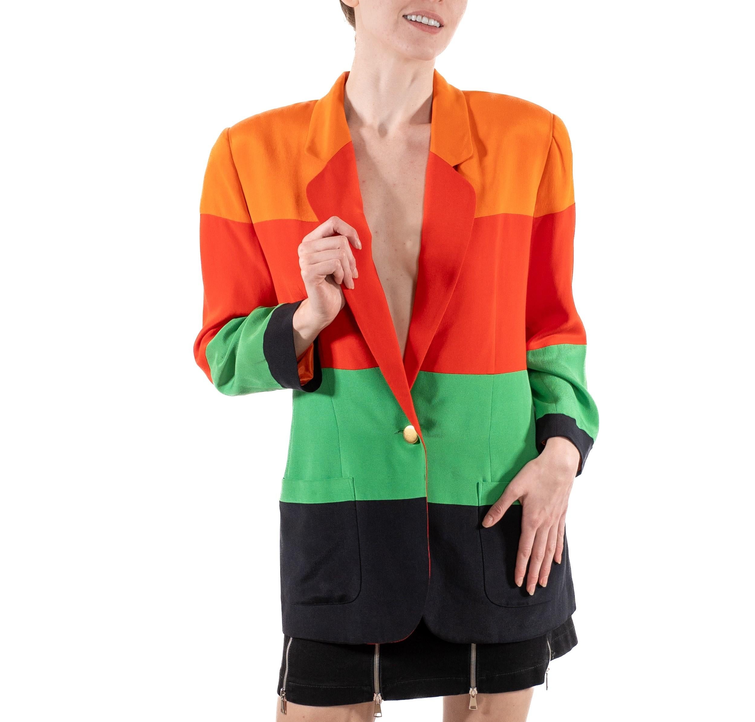 1990S Orange, Red, Green & Black Silk Faille Color Blocked Boxy Blazer For Sale 2