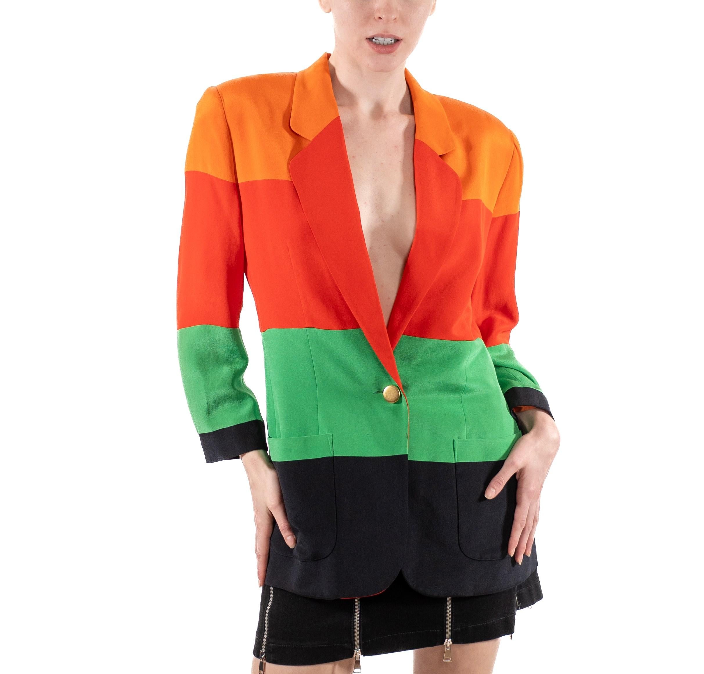 1990S Orange, Red, Green & Black Silk Faille Color Blocked Boxy Blazer For Sale 3