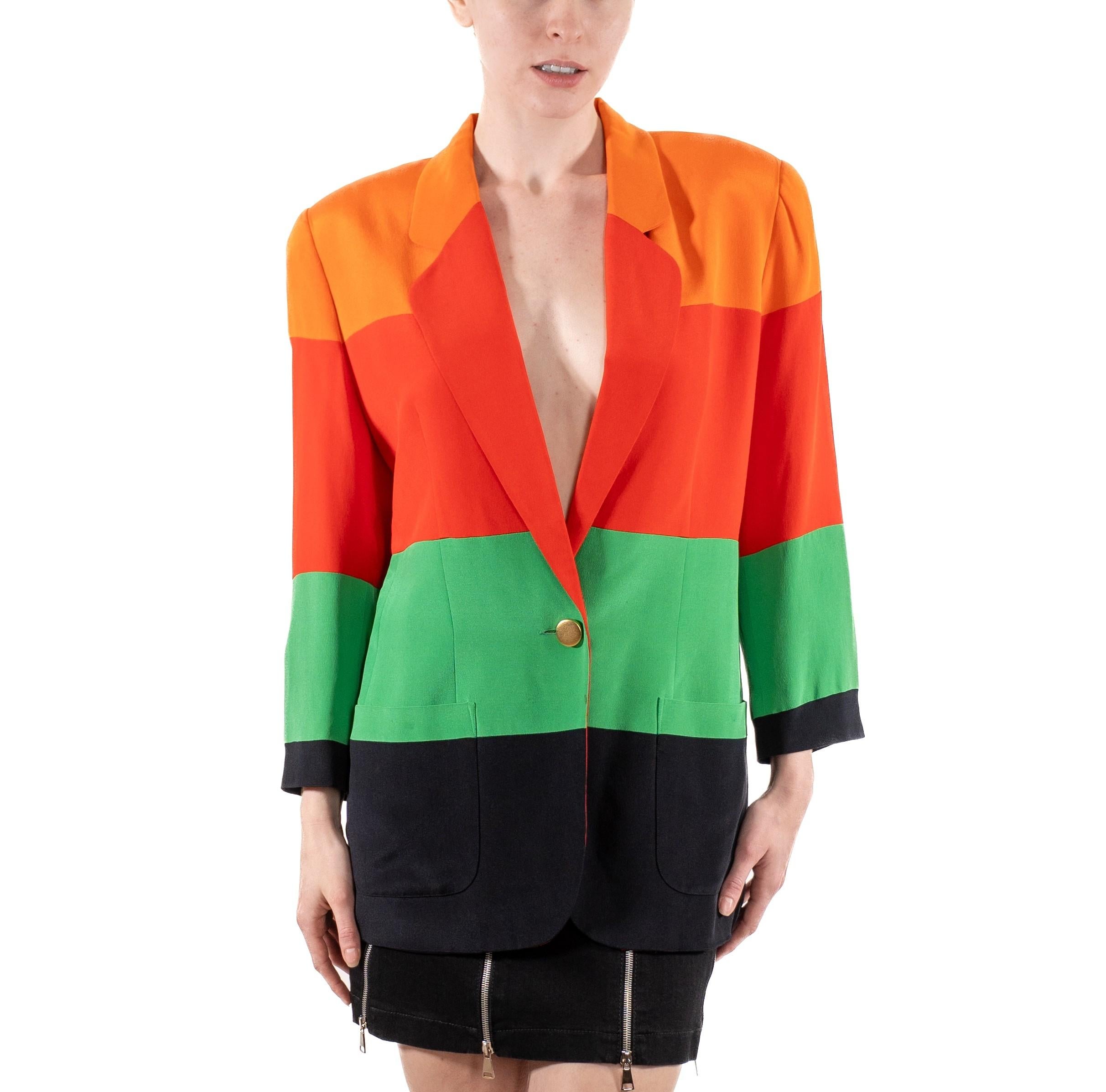 1990S Orange, Red, Green & Black Silk Faille Color Blocked Boxy Blazer For Sale 4