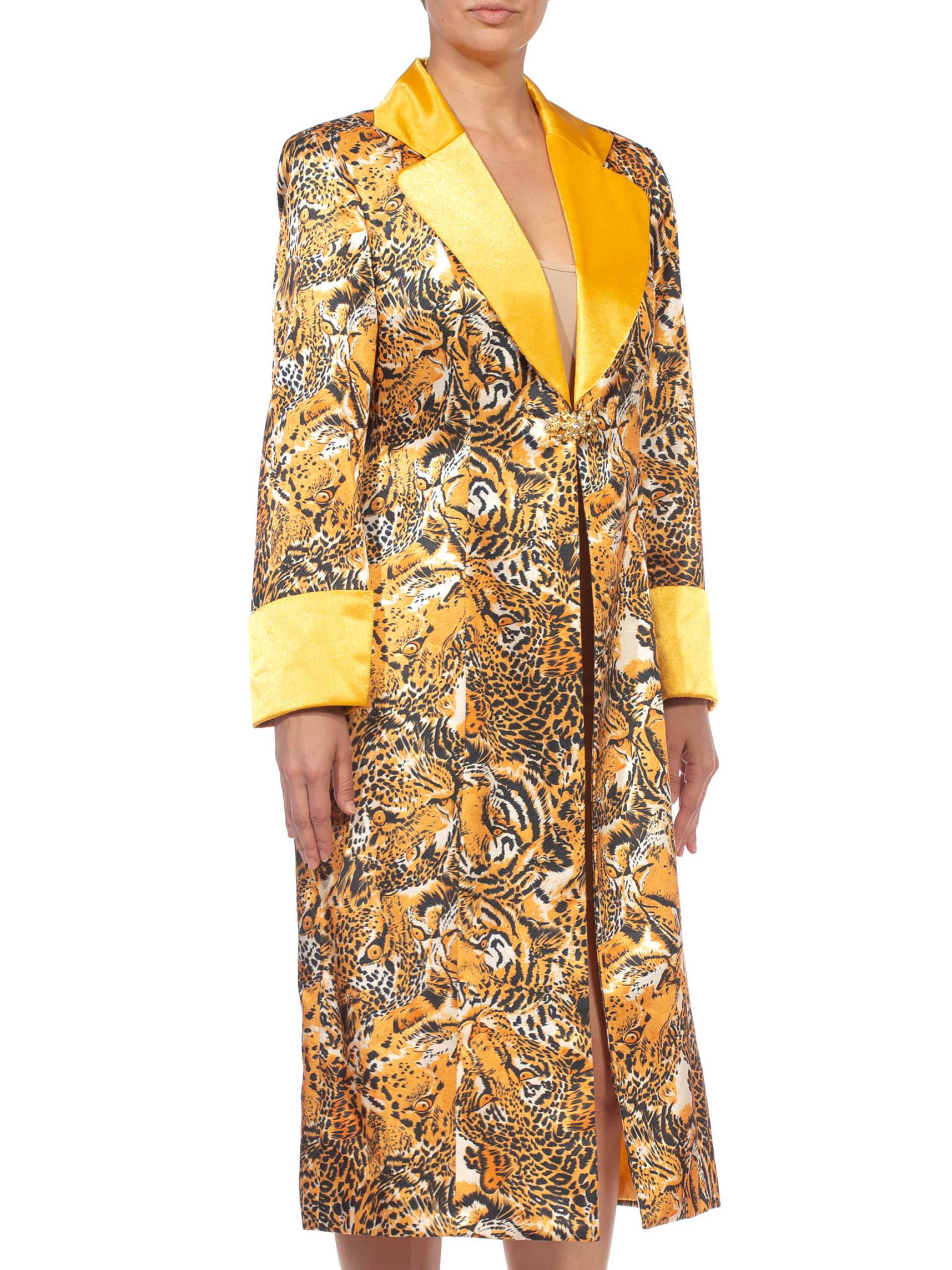 Chaqueta larga de poliacetato satinado con estampado de leopardo y tigre naranja 1990S 1