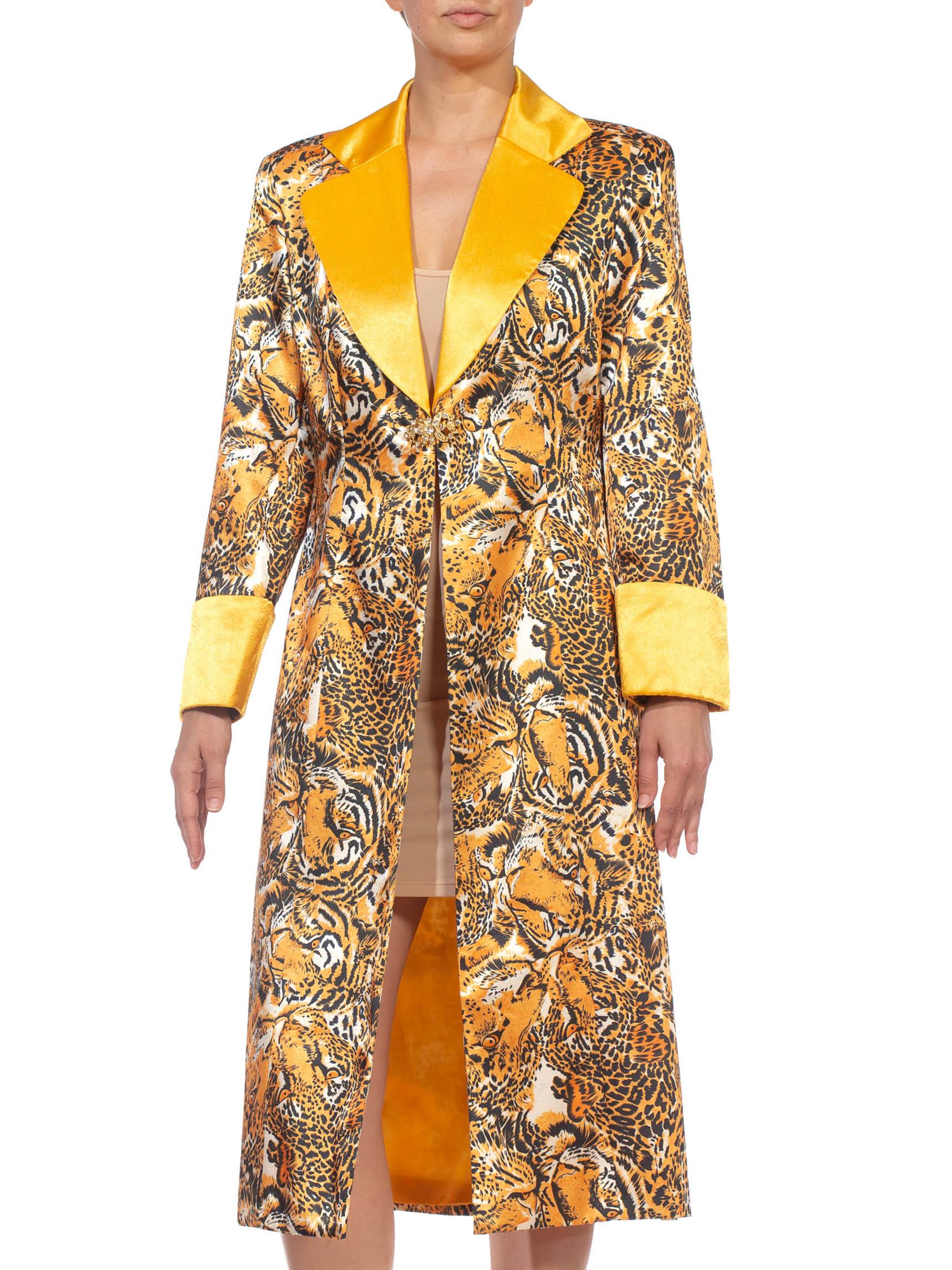 Chaqueta larga de poliacetato satinado con estampado de leopardo y tigre naranja 1990S 2