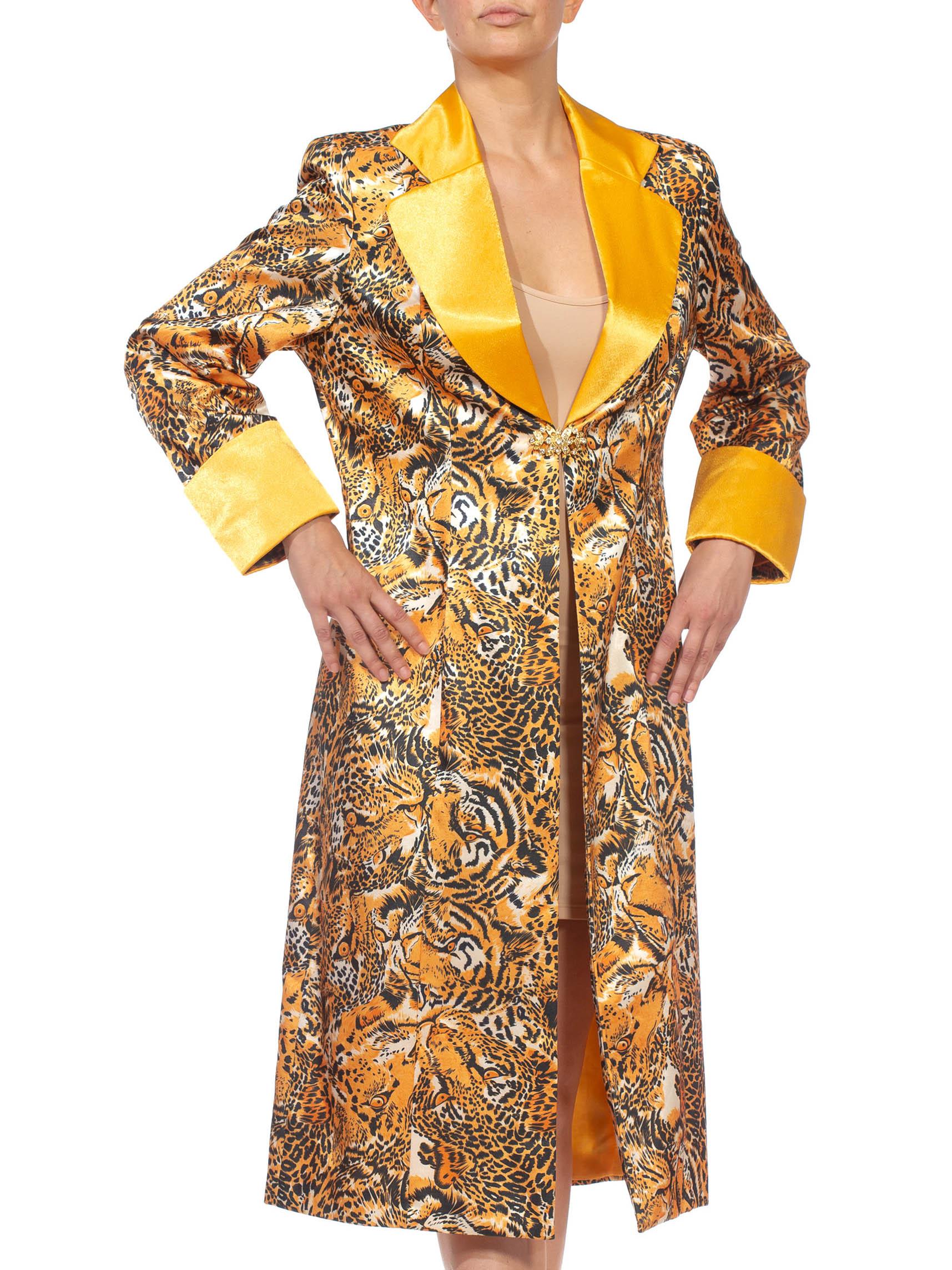 Chaqueta larga de poliacetato satinado con estampado de leopardo y tigre naranja 1990S 3