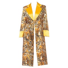 Chaqueta larga de poliacetato satinado con estampado de leopardo y tigre naranja 1990S