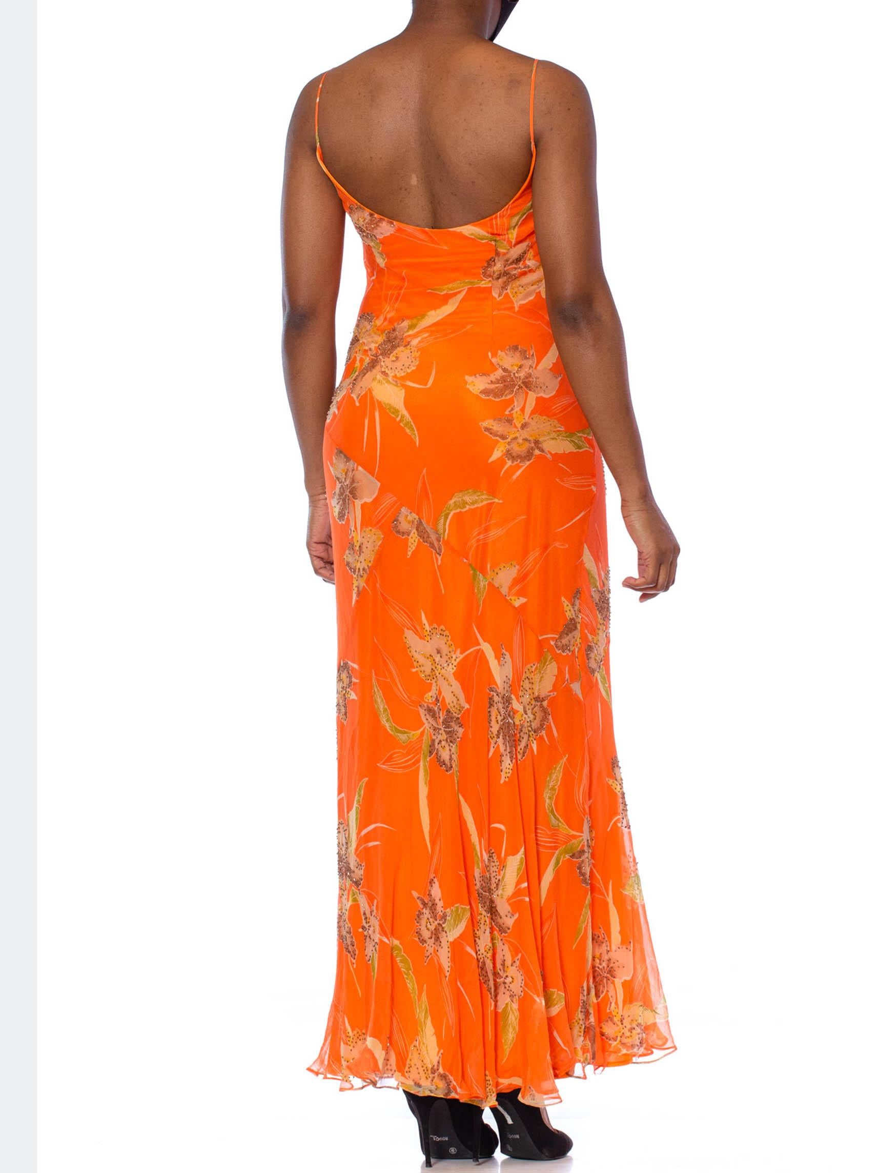 1990S  Orange Tropical Floral Silk Chiffon Bias Cut Beaded Dress 7