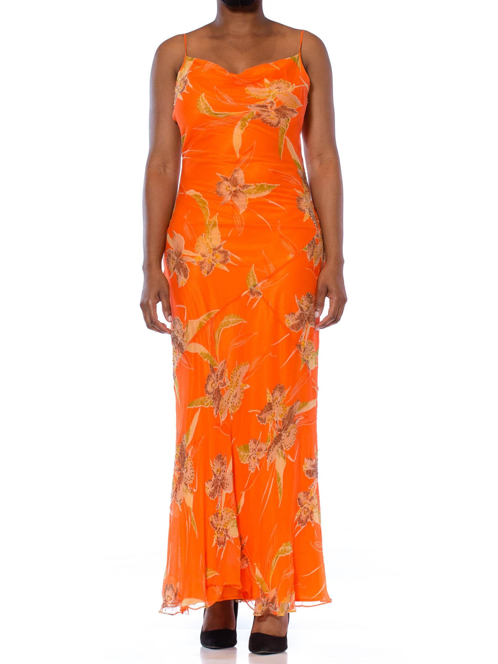 Women's 1990S  Orange Tropical Floral Silk Chiffon Bias Cut Beaded Dress