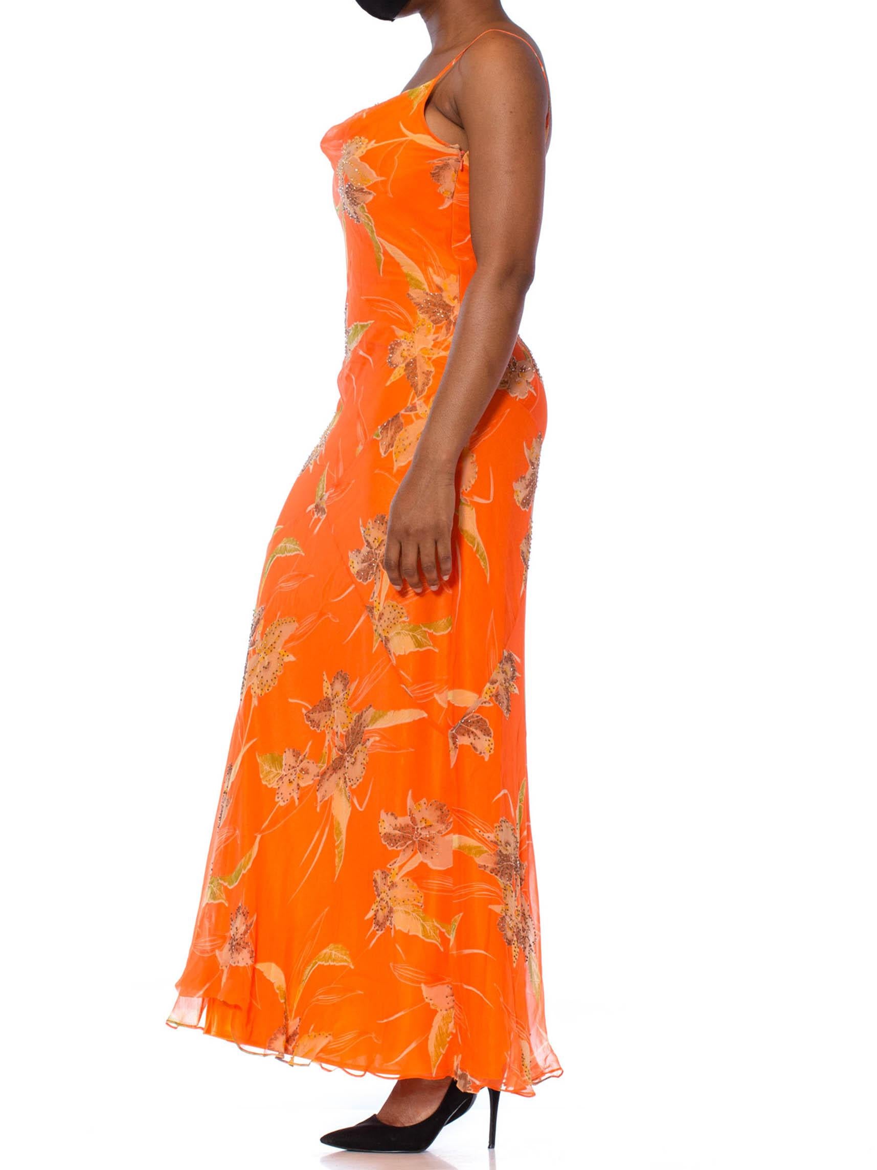 1990S  Orange Tropical Floral Silk Chiffon Bias Cut Beaded Dress 1