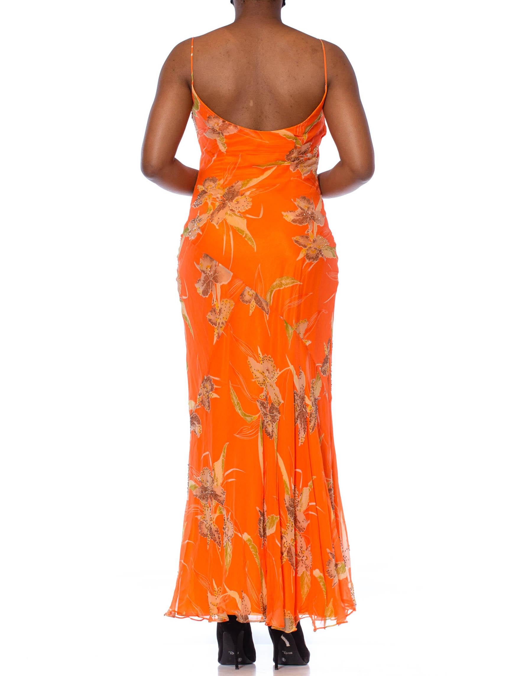1990S  Orange Tropical Floral Silk Chiffon Bias Cut Beaded Dress 3