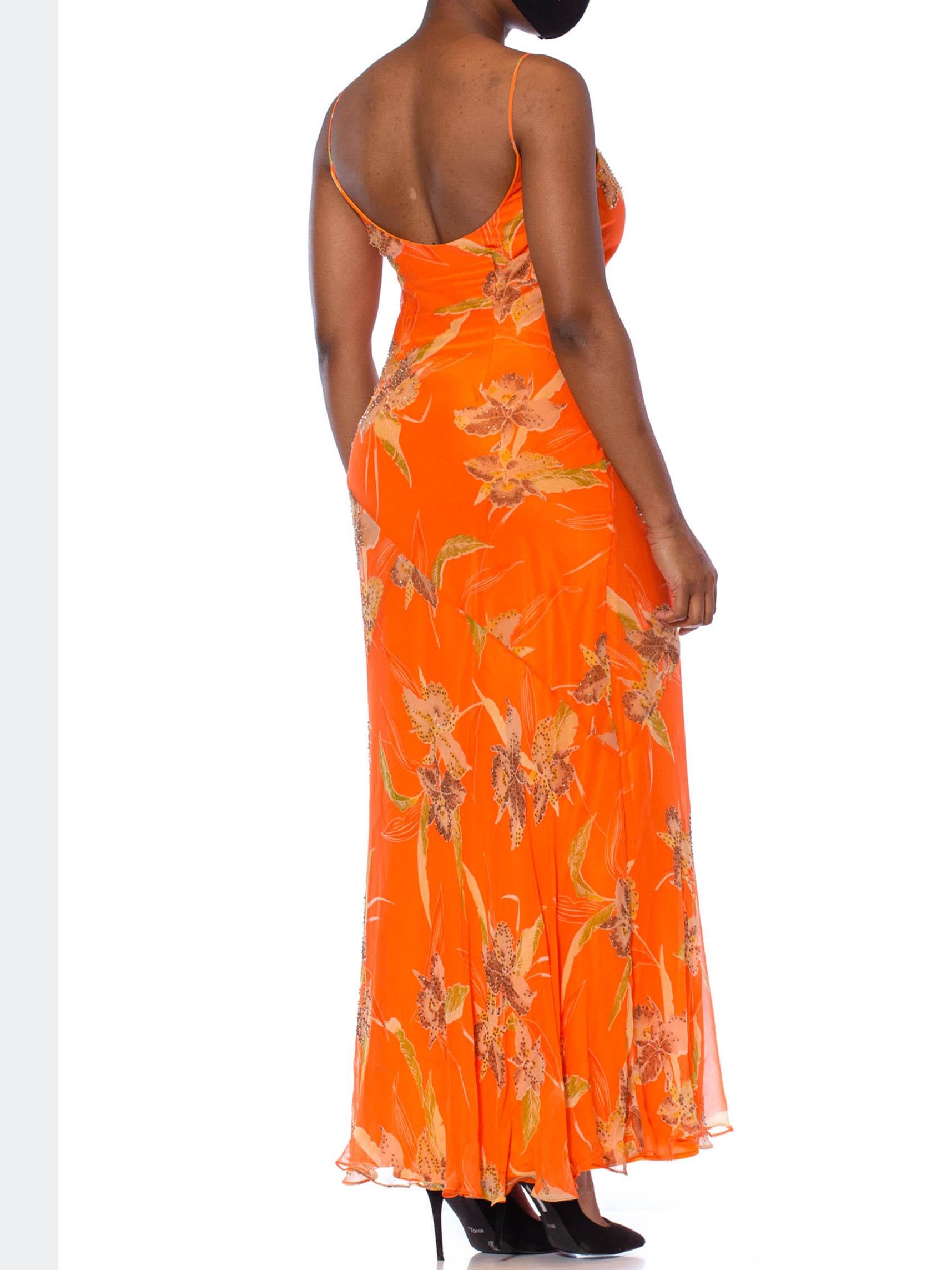 1990S  Orange Tropical Floral Silk Chiffon Bias Cut Beaded Dress 4