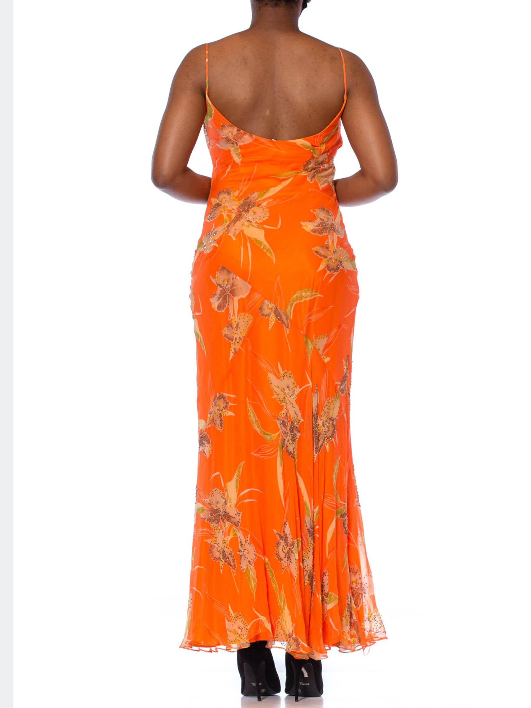 1990S  Orange Tropical Floral Silk Chiffon Bias Cut Beaded Dress 6