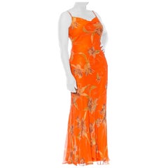 1990S  Orange Tropical Floral Silk Chiffon Bias Cut Beaded Dress