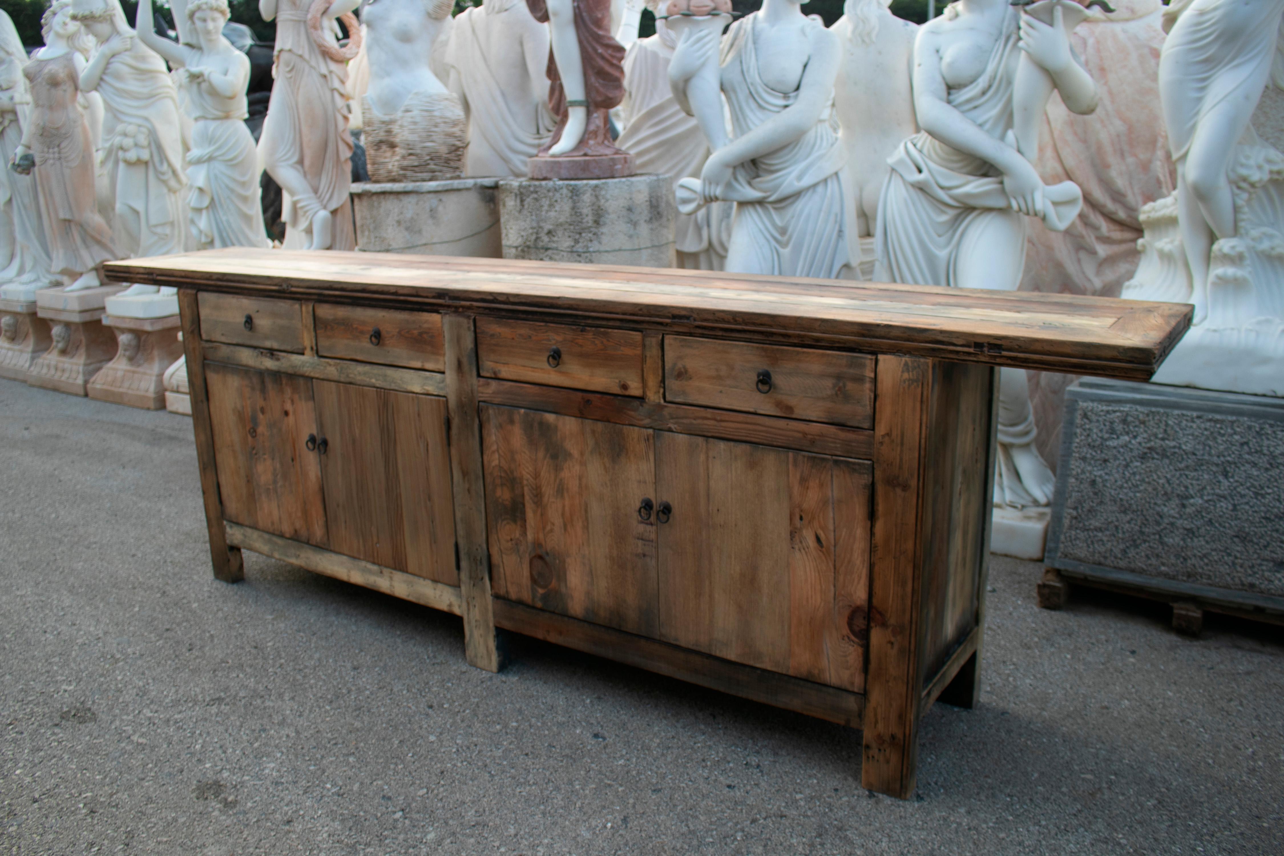 Asian 1990s Oriental Four Drawer and Four Door Natural Finish Wooden Console