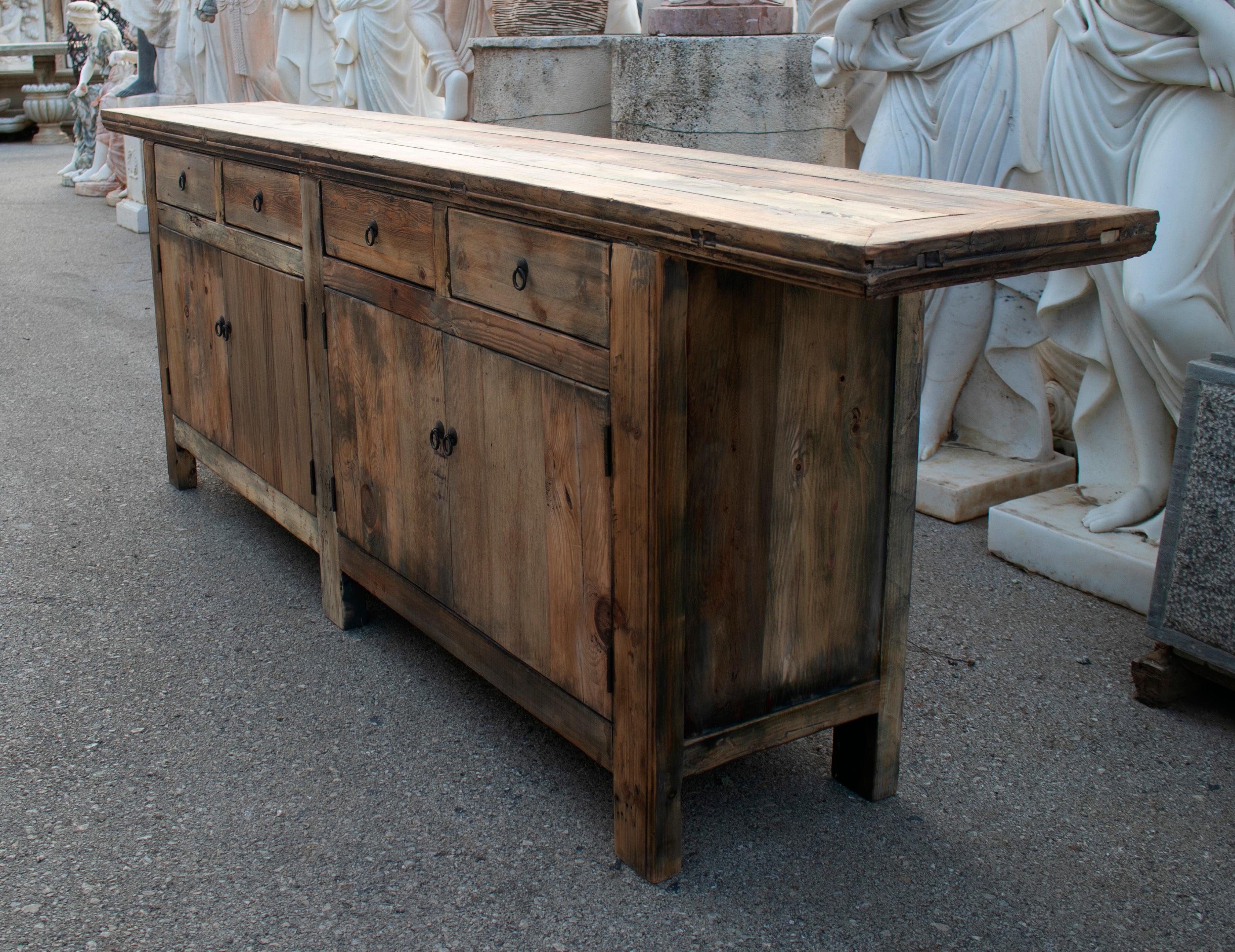 1990s Oriental Four Drawer and Four Door Natural Finish Wooden Console In Good Condition In Marbella, ES