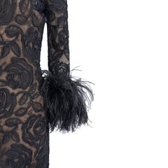 1990s Oscar de la Renta Black Lace Marabou Ostrich Feather Cuff Dress