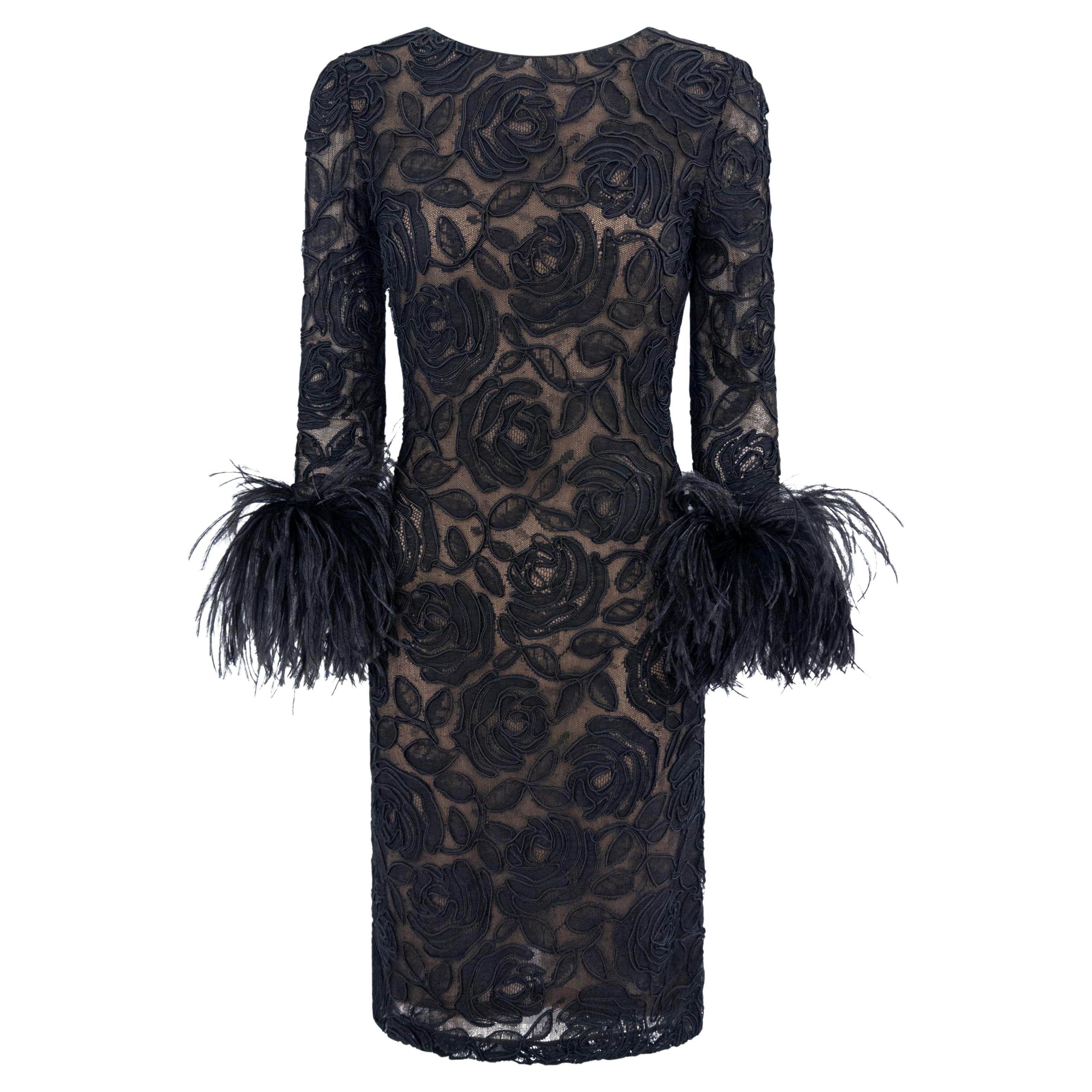 1990s Oscar de la Renta Black Lace Marabou Ostrich Feather Cuff Dress