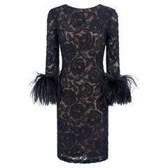 1990s Oscar de la Renta Black Lace Marabou Ostrich Feather Cuff Dress