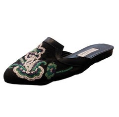 1990S OSCAR DE LA RENTA Black & White Beaded Floral Design Slip On Flat Shoes D