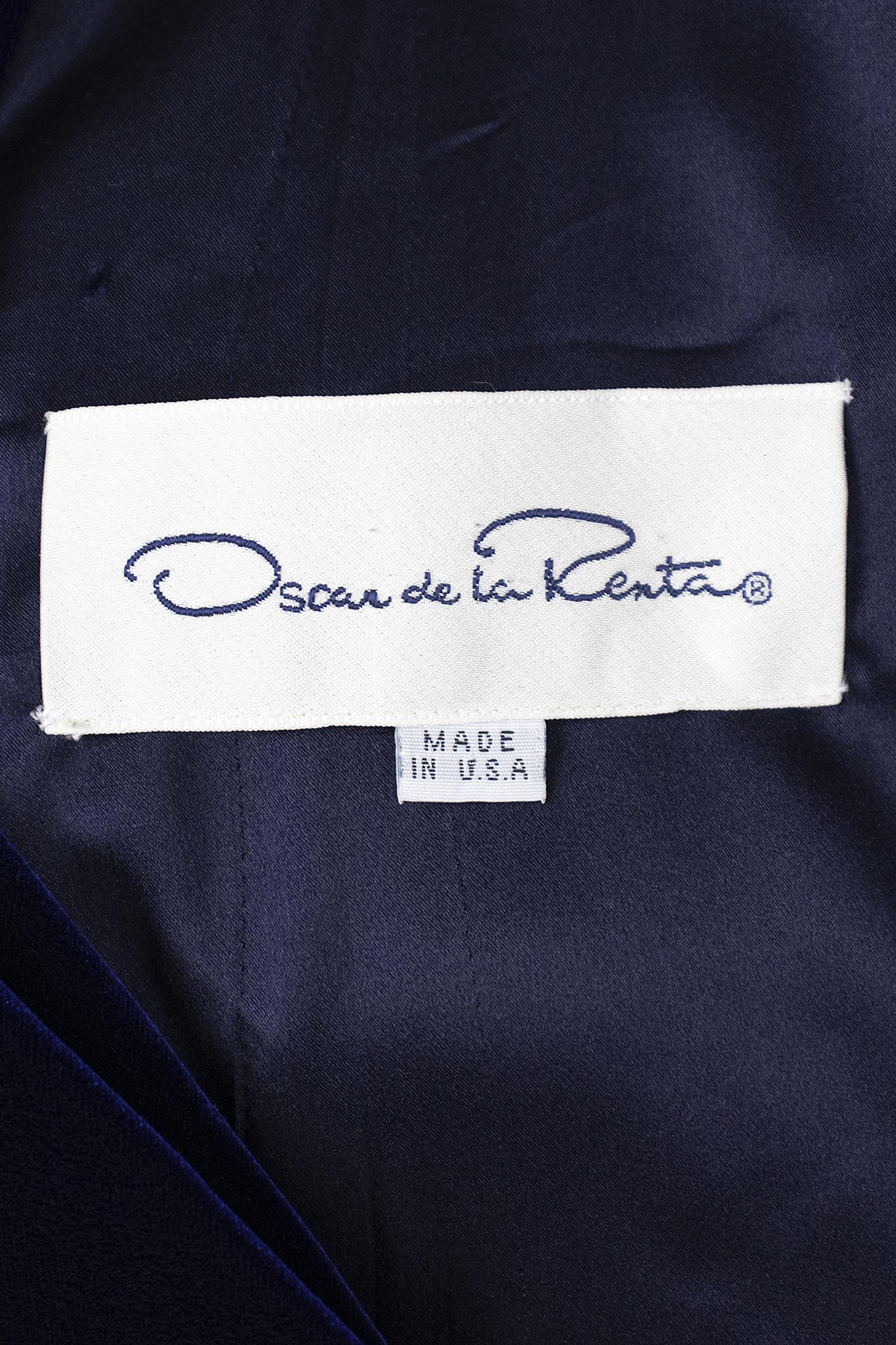 1990s Oscar De La Renta Blue Velvet Dress with Decadent Embellished Sleeves 4