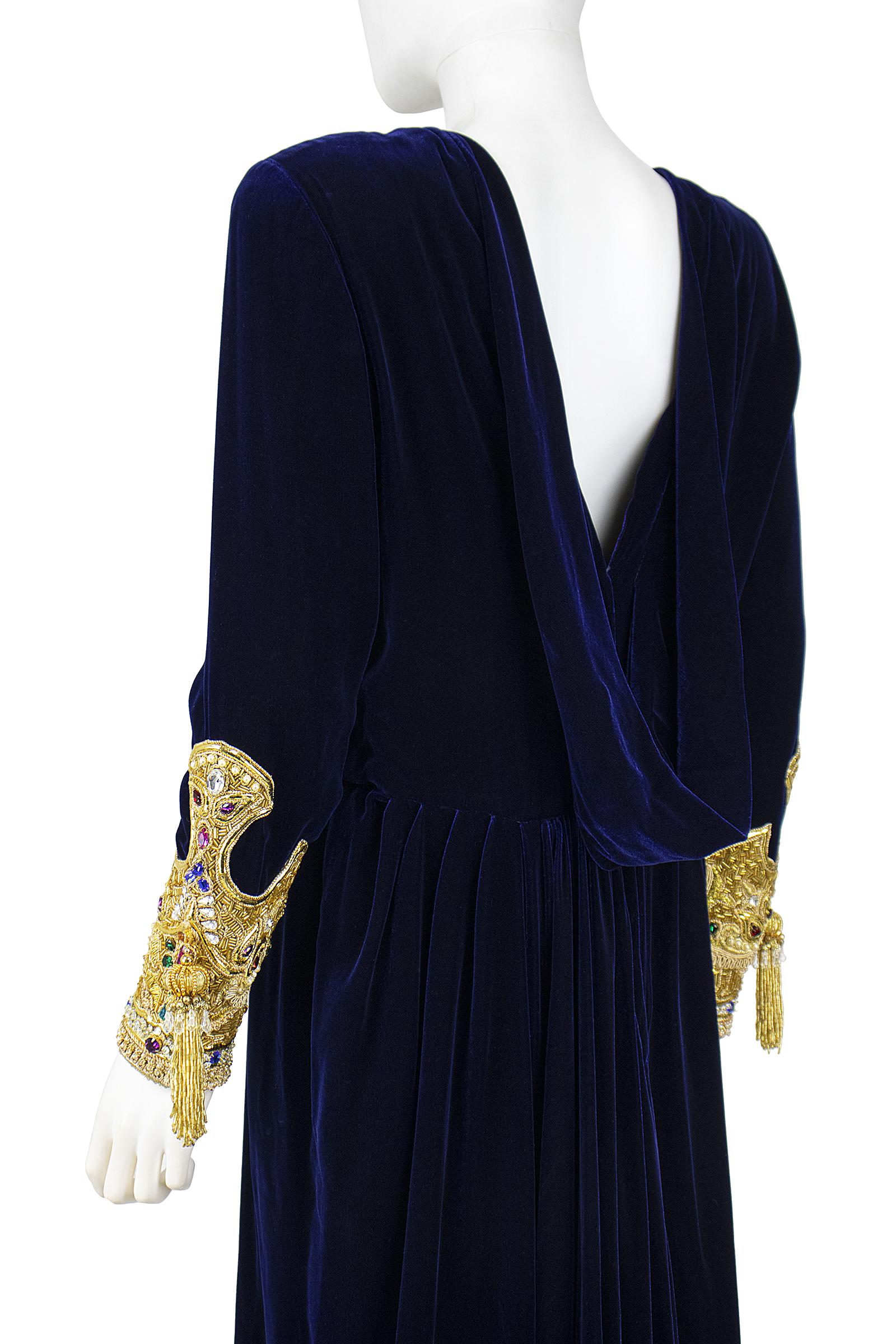 Black 1990s Oscar De La Renta Blue Velvet Dress with Decadent Embellished Sleeves