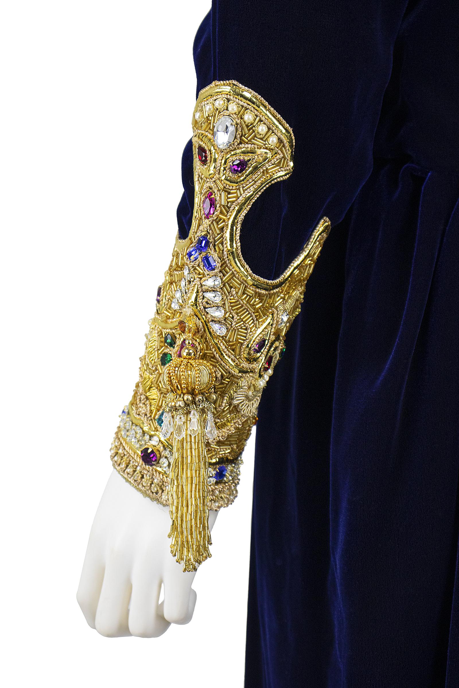 1990s Oscar De La Renta Blue Velvet Dress with Decadent Embellished Sleeves In Good Condition In Los Angeles, CA