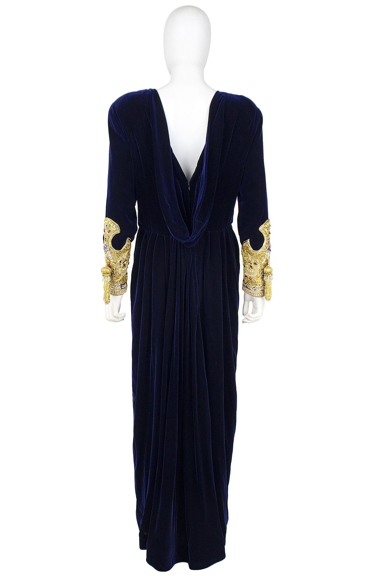 1990s Oscar De La Renta Blue Velvet Dress with Decadent Embellished Sleeves 1