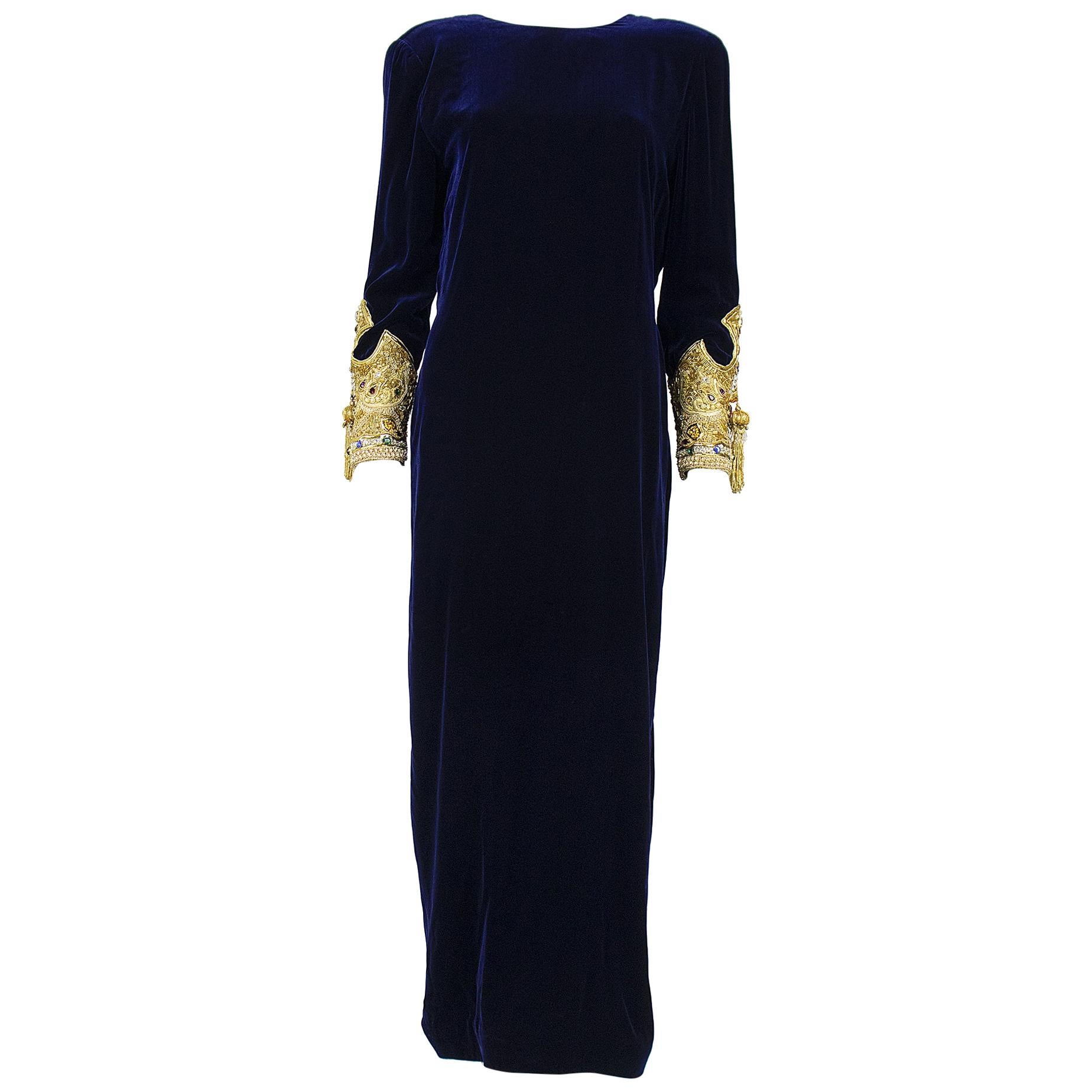 1990s Oscar De La Renta Blue Velvet Dress with Decadent Embellished Sleeves